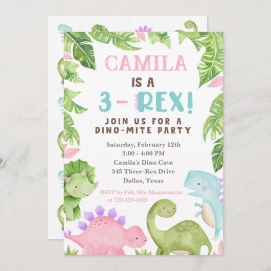 Invitation d'anniversaire 3-Rex, Dino 3e anniversa (Devant / Derrière)