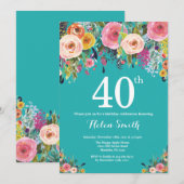 Invitation d'anniversaire 40 ans à fleurs sarcelle (Devant / Derrière)