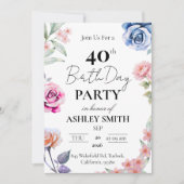 Invitation d'anniversaire 40 ans à l'aquarelle flo (Devant)