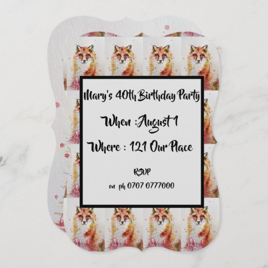 Invitation d'anniversaire 40 ans aquarelle renard (Devant / Derrière)