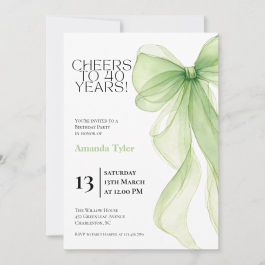 Invitation d'anniversaire 40 ans avec un ruban ver (Devant)