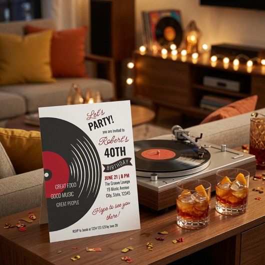 Invitation d'anniversaire 40 ans disque vinyle rét