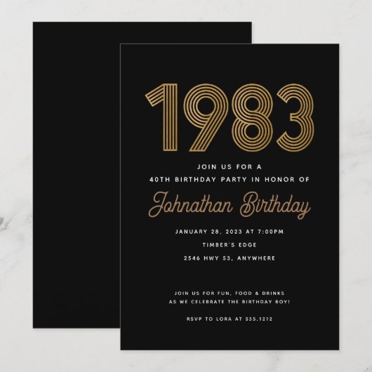 Invitation d'anniversaire 40 ans Noir et Or 1983  (Devant / Derrière)