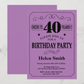 Invitation d'anniversaire 40 ans Noir et Violet (Devant / Derrière)