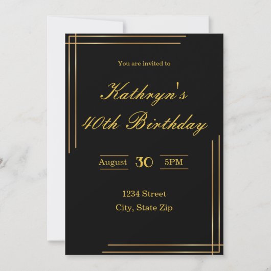 Invitation d'anniversaire 40 ans – Noir & Or | Élé (Devant)