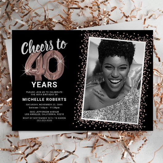 Invitation d'anniversaire 40 ans Noir & Or Rose