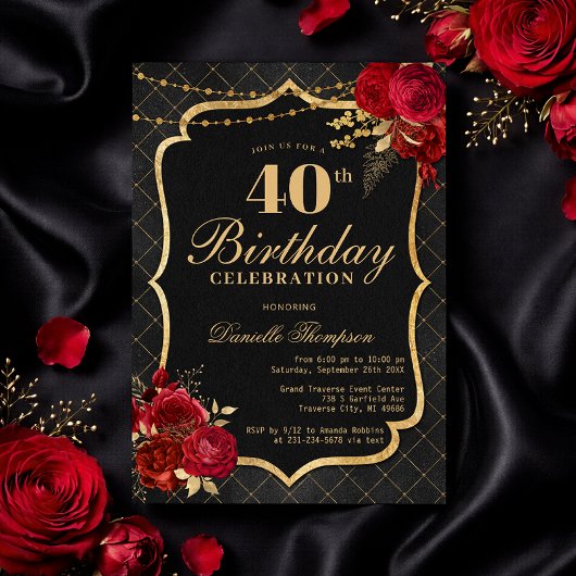 Invitation d'anniversaire 40 ans Noir, Rouge & Or