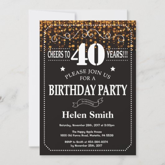 Invitation d'anniversaire 40 ans pailletée or (Devant)