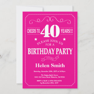 Invitation d'anniversaire 40 ans rose chaud et bla