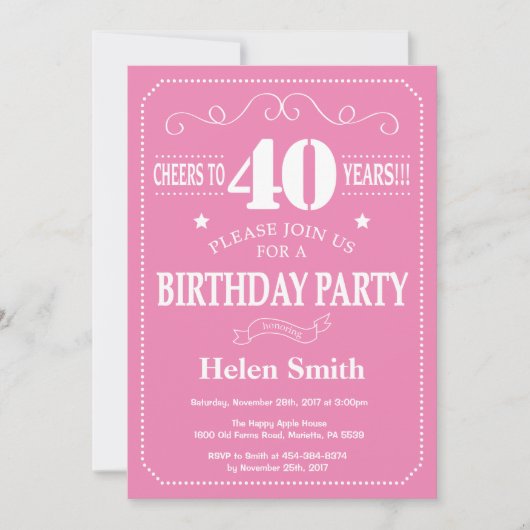 Invitation d'anniversaire 40 ans Rose et Blanc (Devant)