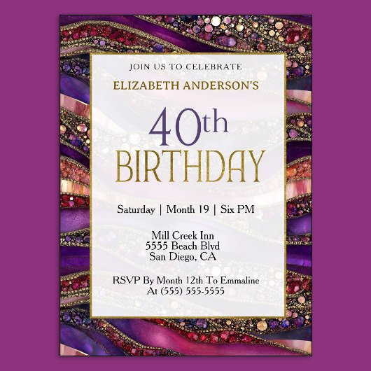 Invitation d'anniversaire 40 ans Strata Or Violet