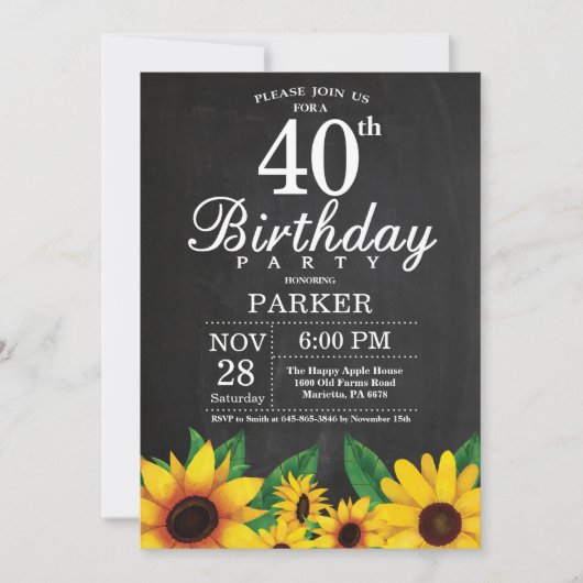 Invitation d'anniversaire 40 ans Tournesol (Devant)