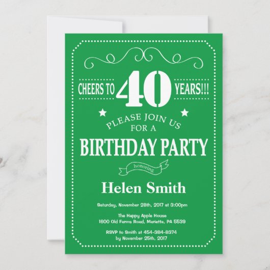 Invitation d'anniversaire 40 ans verte et blanche (Devant)