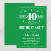 Invitation d'anniversaire 40 ans verte et blanche (Devant / Derrière)