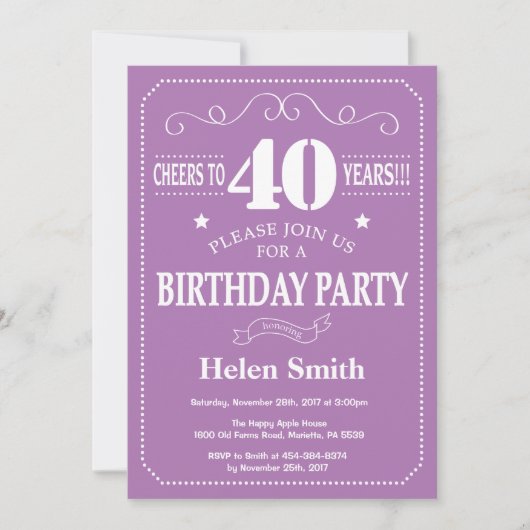 Invitation d'anniversaire 40 ans Violet et Blanc (Devant)