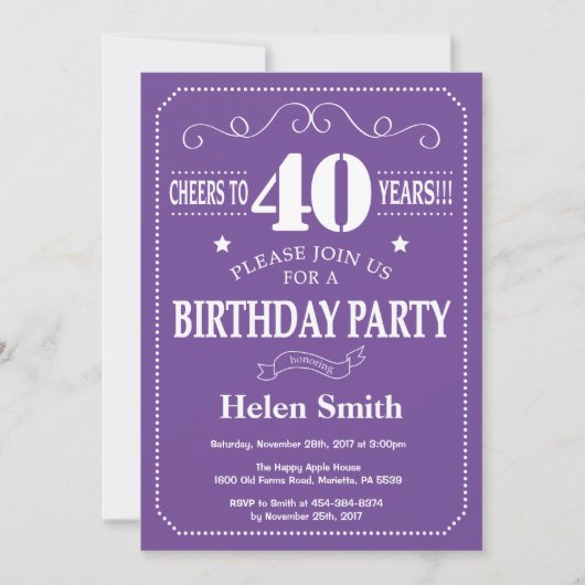 Invitation d'anniversaire 40 ans Violet et Blanc (Devant)