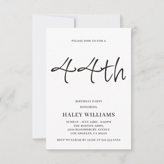 Invitation d'anniversaire 44 ans calligraphie simp (Devant)