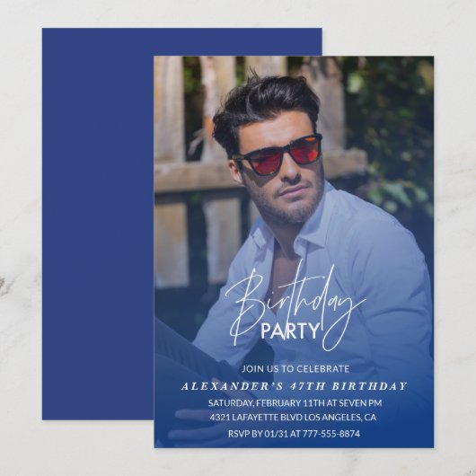 Invitation d'anniversaire 47 ans Bleu Fête d'anniv (Devant / Derrière)