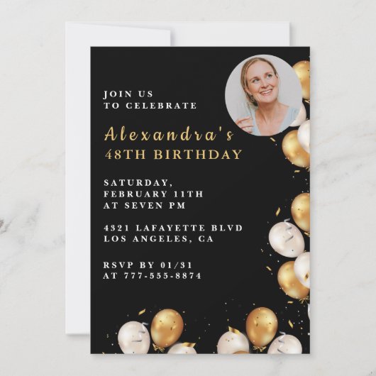 Invitation d'anniversaire 48 ans noir Ballon d'or (Devant)