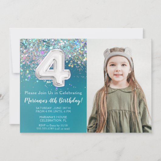 Invitation d'anniversaire 4 ans avec photo paillet (Devant)