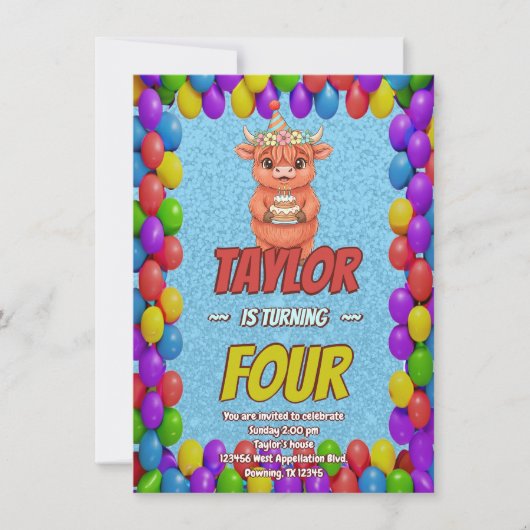 Invitation d'anniversaire 4 ans de vache des Highl (Devant)