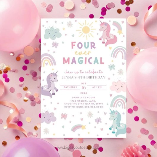 Invitation d'anniversaire 4 ans Licorne. Arc-en-ci