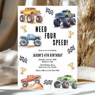 Invitation d'anniversaire 4 ans pour camions monst