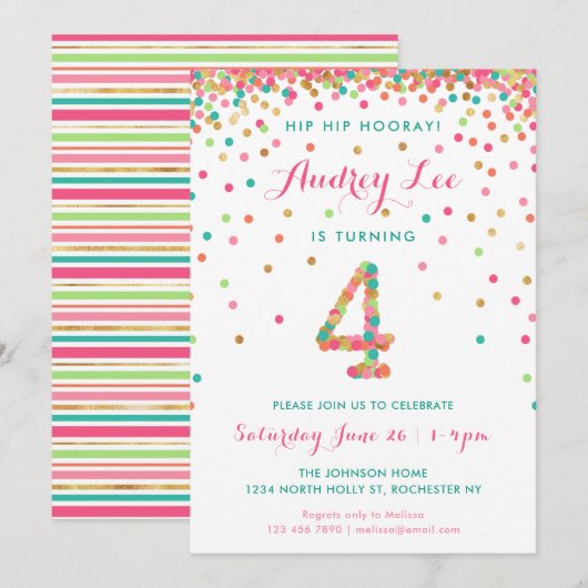 Invitation d'anniversaire 4 ans pour filles  fête  (Devant / Derrière)
