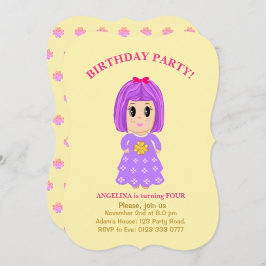 Invitation d'anniversaire 4 ans pour jolie fille (Devant / Derrière)