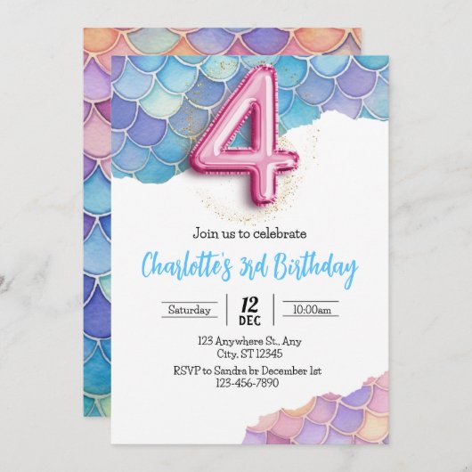 Invitation d'anniversaire 4 ans Sirène (Devant / Derrière)
