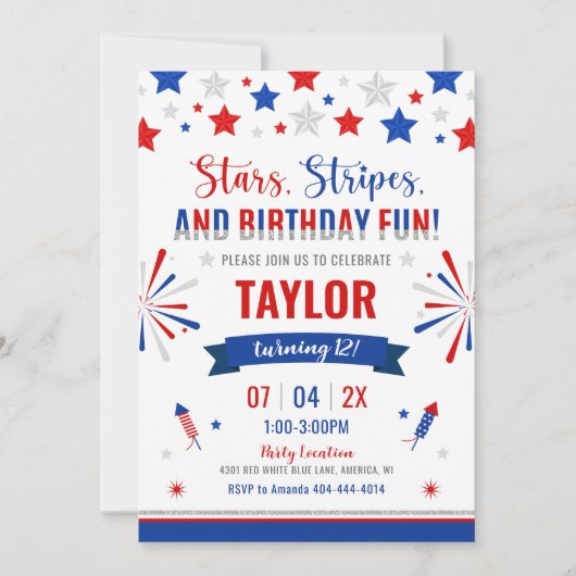Invitation d'anniversaire 4 juillet, blanc rouge e (Devant)