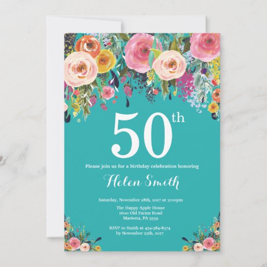 Invitation d'anniversaire 50 ans à fleurs sarcelle (Devant)