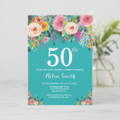 Invitation d'anniversaire 50 ans à fleurs sarcelle (Debout devant)