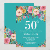 Invitation d'anniversaire 50 ans à fleurs sarcelle (Devant / Derrière)