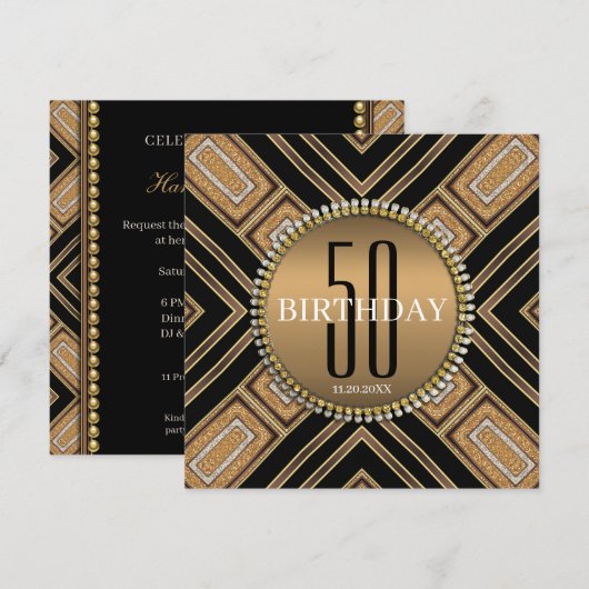 Invitation d'anniversaire 50 ans en Art Déco Or Mo (Devant / Derrière)