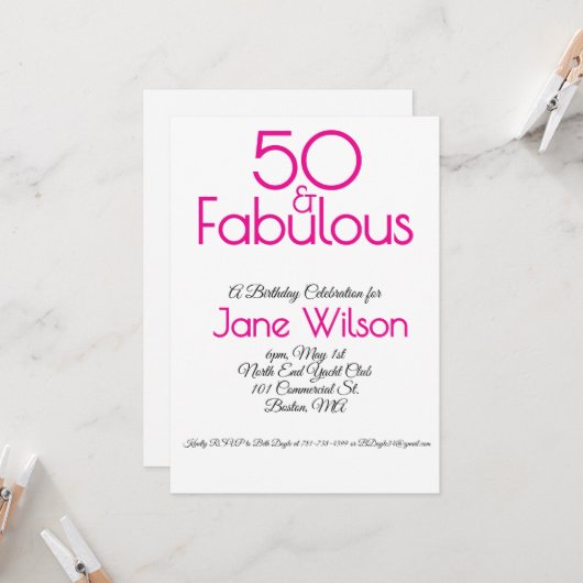 Invitation d'anniversaire 50 ans en rose et blanc (Devant/Arrière en situation)