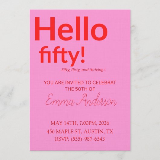 Invitation d'anniversaire 50 ans en rose gras roug (Devant)