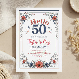 Invitation d'anniversaire 50 ans florale rouge bla