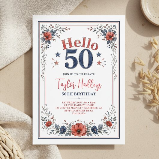 Invitation d'anniversaire 50 ans florale rouge bla