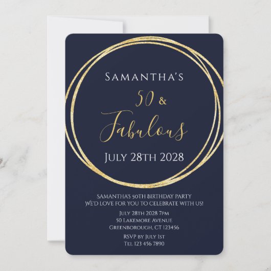 Invitation d'anniversaire 50 ans Navy Or (Devant)
