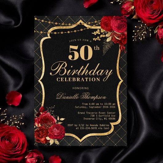 Invitation d'anniversaire 50 ans Noir, Rouge & Or