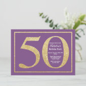 Invitation d'anniversaire 50 ans paillettes violet (Debout devant)