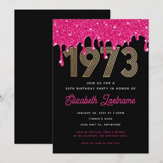 Invitation d'anniversaire 50 ans Pink Glitter Drip (Devant / Derrière)
