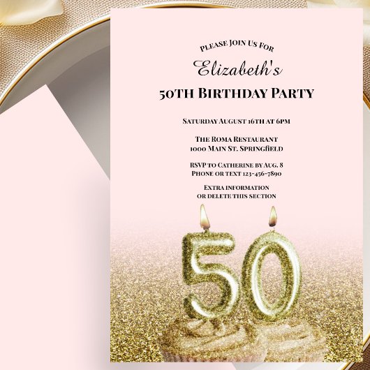 Invitation d'anniversaire 50 ans rose et or pour e