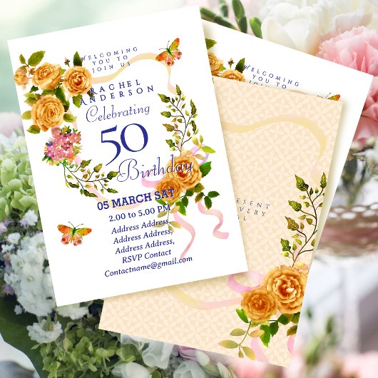 Invitation d'anniversaire 50 ans Ruban Rose d'Or