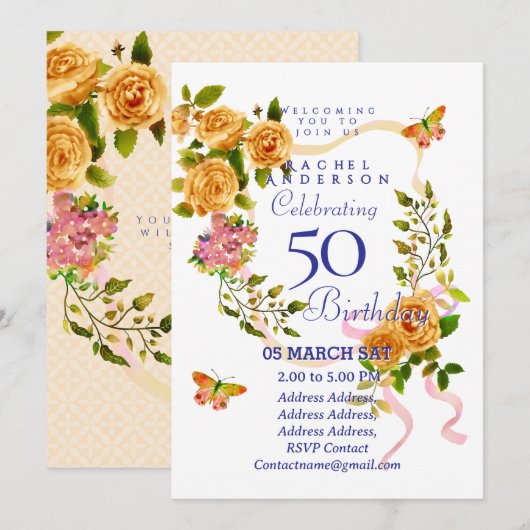 Invitation d'anniversaire 50 ans Ruban Rose d'Or (Devant / Derrière)