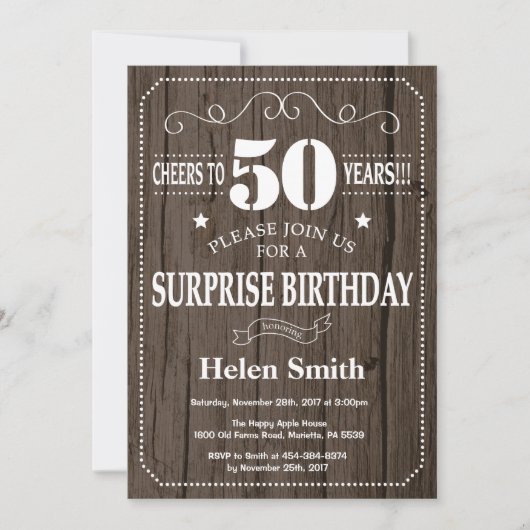 Invitation d'anniversaire 50 ans Rustique Surprise (Devant)