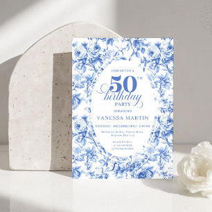 Invitation d'anniversaire 50 ans Toile de Jouy Ros