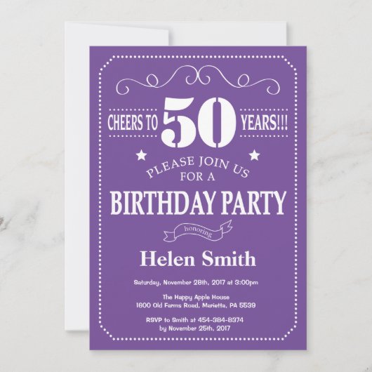 Invitation d'anniversaire 50 ans Violet et Blanc (Devant)