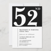 Invitation d'anniversaire 52 ans noir Élégant Chic (Devant)